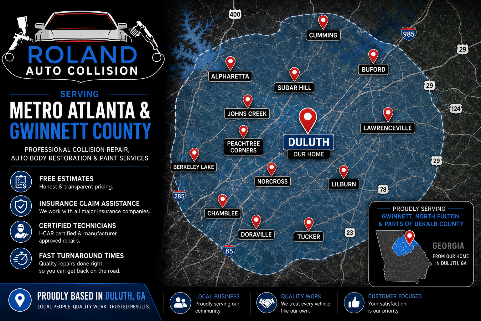 Roland Auto Collision Repair service area map covering Duluth, Gwinnett County, and North Georgia